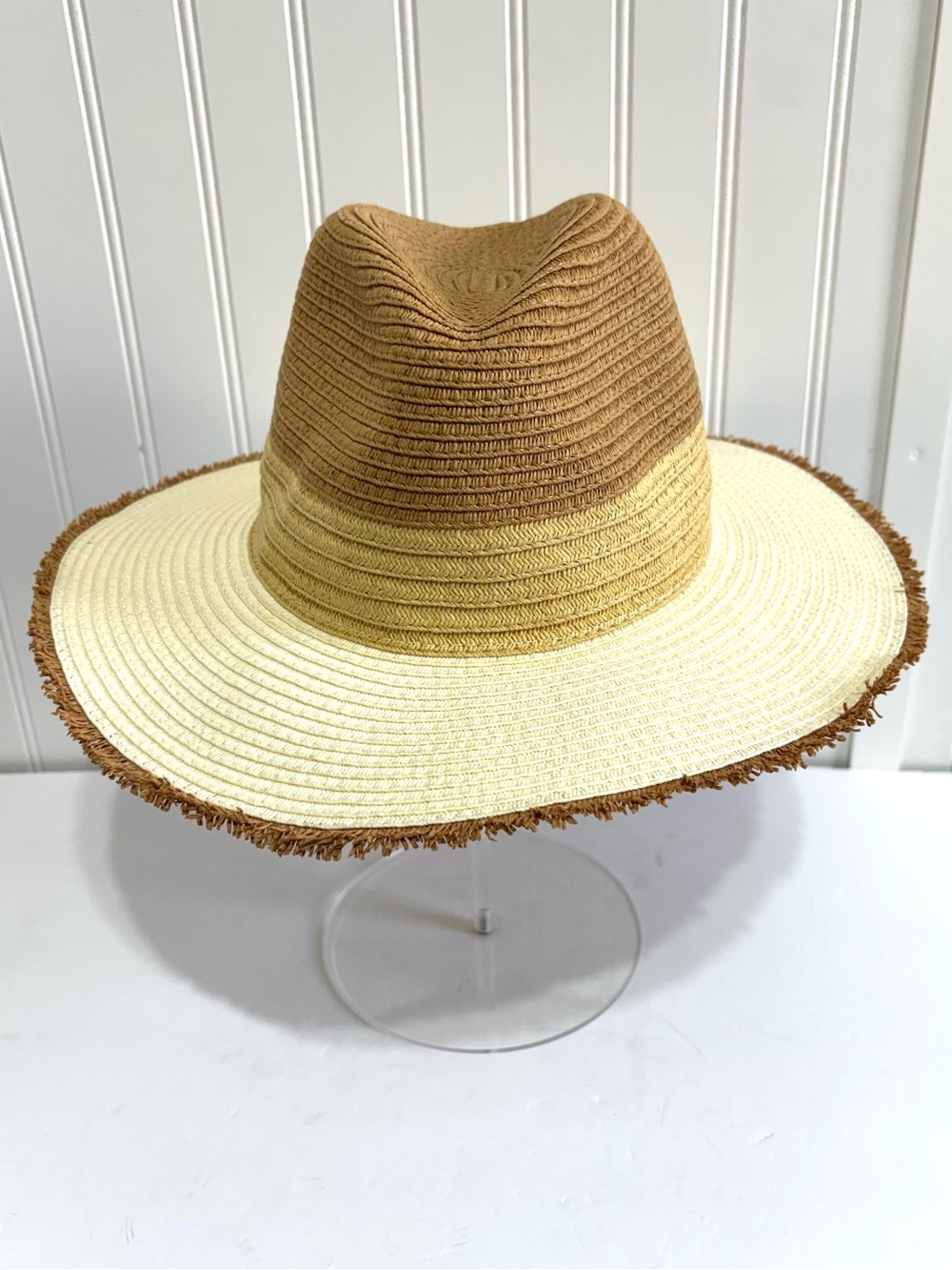 Jacobson Hat Two Tone Straw Sun Hat Wide Brim Frayed Edge Beach 21.5”